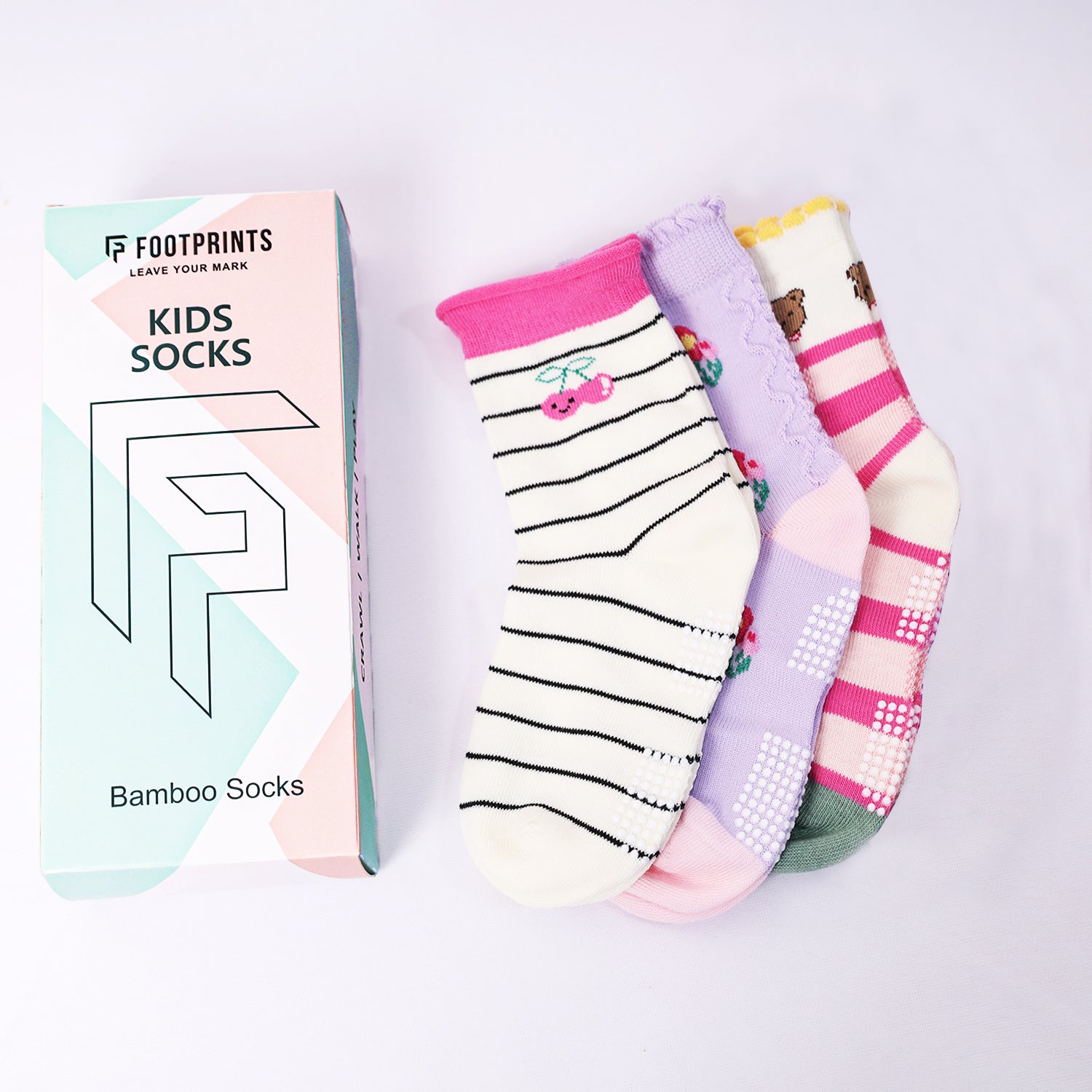 Organic Cotton Anti-Skid Socks for Girls | Non-Slip Grip Socks | Mixed Prints & Designs | Pack of 3