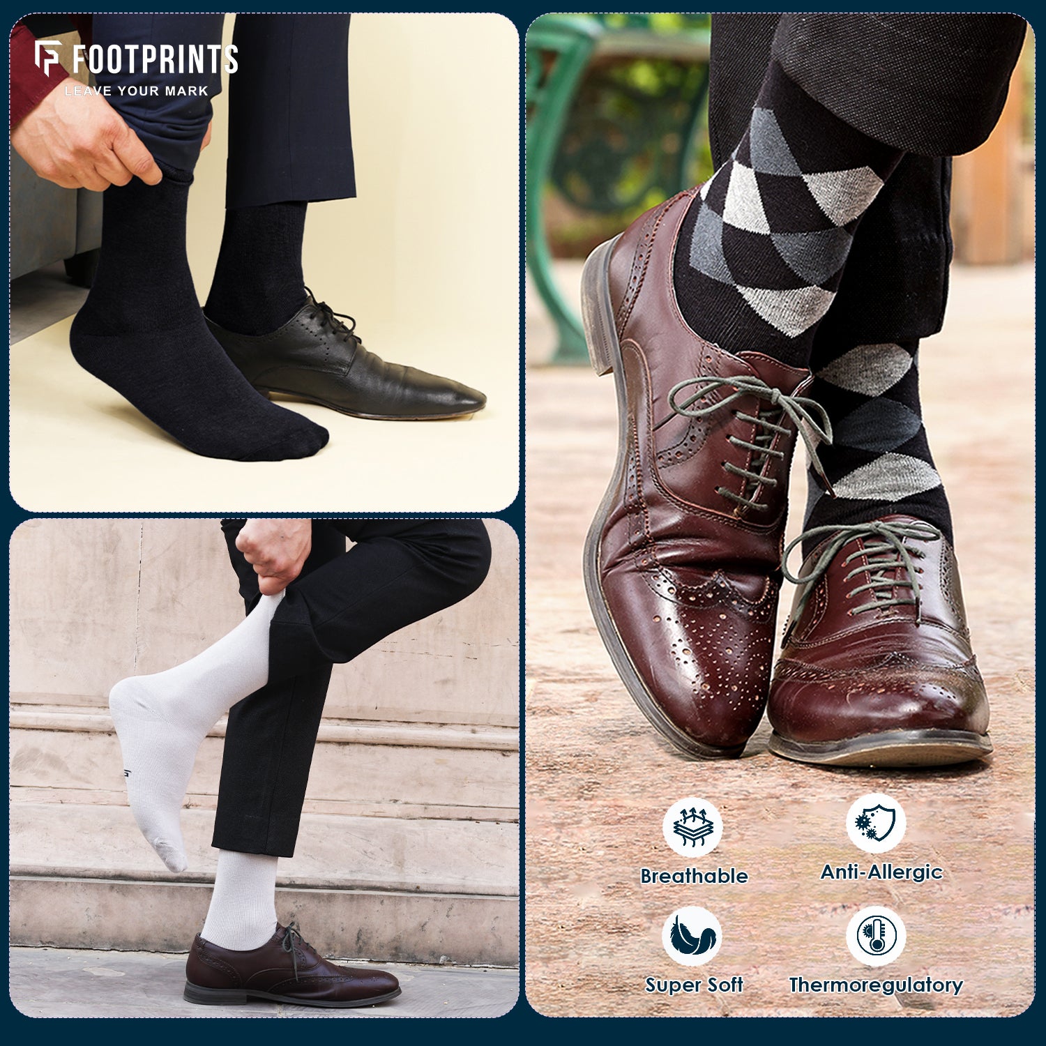 Bamboo Men formal and Designer Socks | Office Formal Socks | Extra Stretchy Socks | Smell Free & Breathable | Cushioned Base & Anti Bacterial | Navy Blue & Brown | Pack of 3
