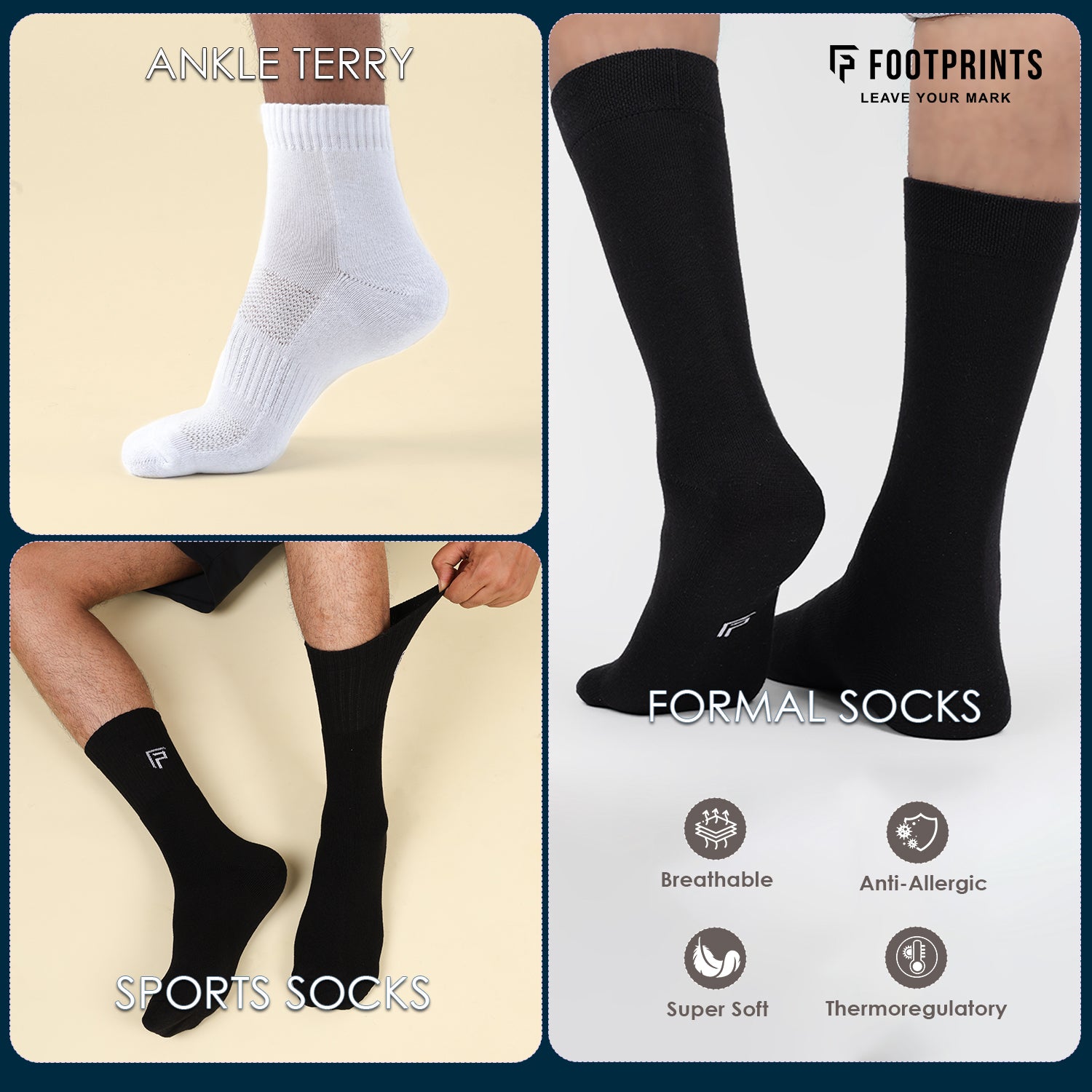 Bamboo Socks For Men | Office Formal, Terry & Sports Socks | Extra Stretchy Socks | Smell Free & Breathable | Cushioned Base & Anti Bacterial | Black & White | Pack of 6