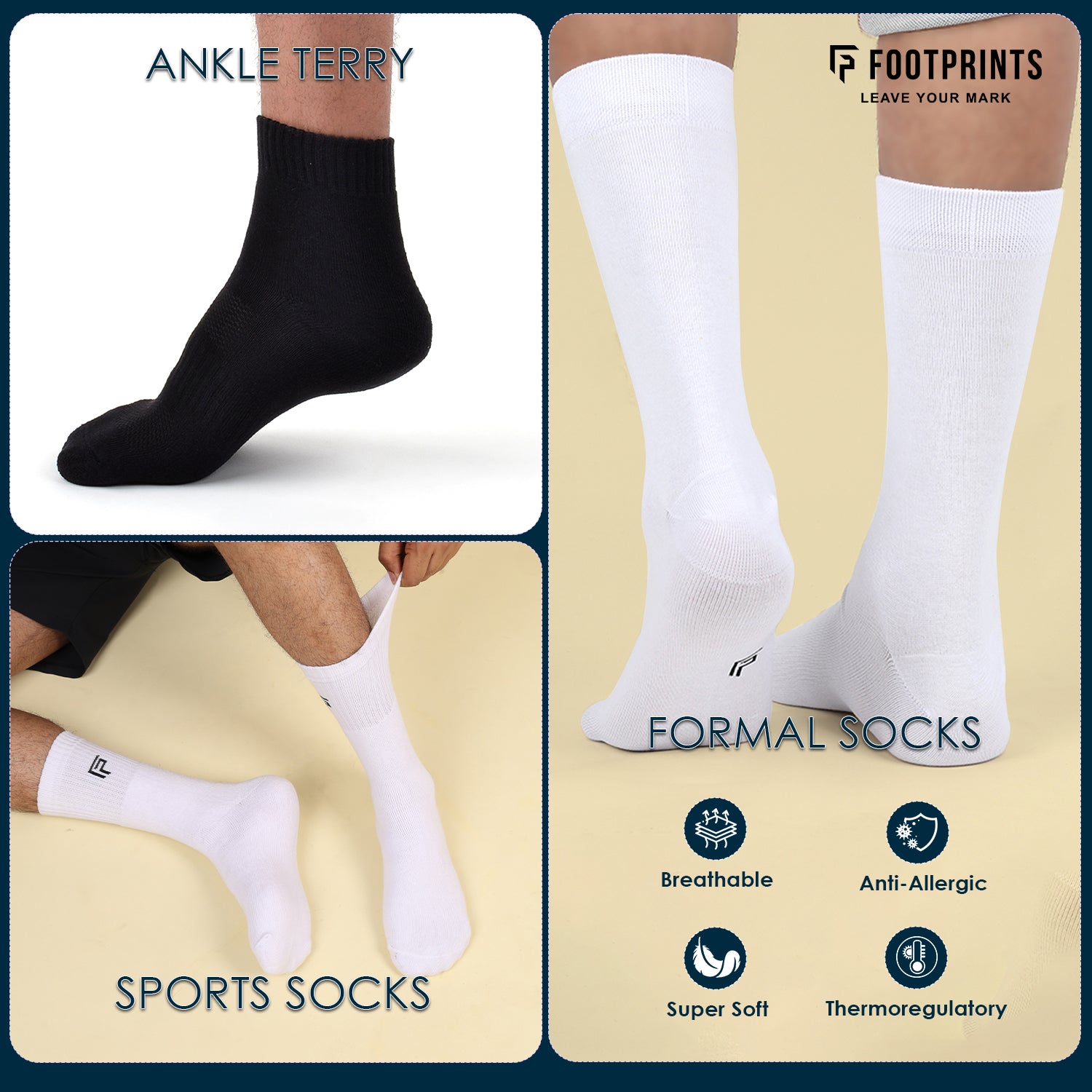 Bamboo Socks For Men | Office Formal, Terry & Sports Socks | Extra Stretchy Socks | Smell Free & Breathable | Cushioned Base & Anti Bacterial | Black & White | Pack of 6