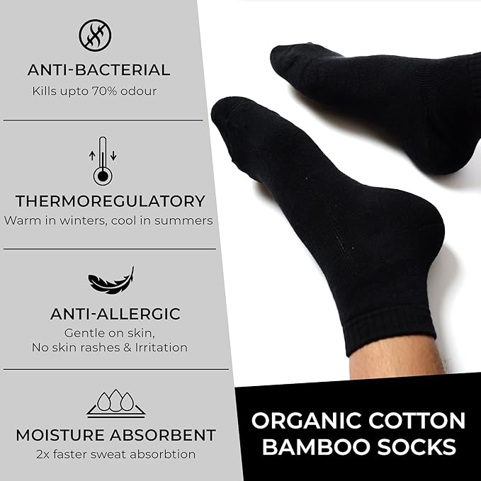Organic Cotton Bamboo Unisex Ankle Terry Socks | Extra Soft, Anti Odour and Breathable | Pack of 3