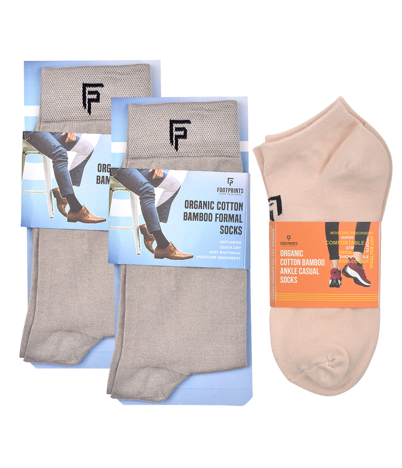 Organic Cotton Formal & Ankle Casual Socks - Pack of 3 ( Grey & Beiage )- Extra soft and Breathable