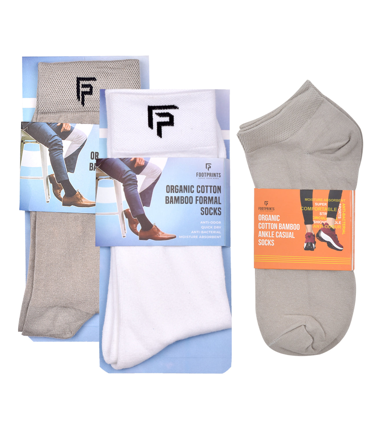 Organic Cotton Formal & Ankle Casual Socks - Pack of 3 (Grey & White )- Extra soft and Breathable