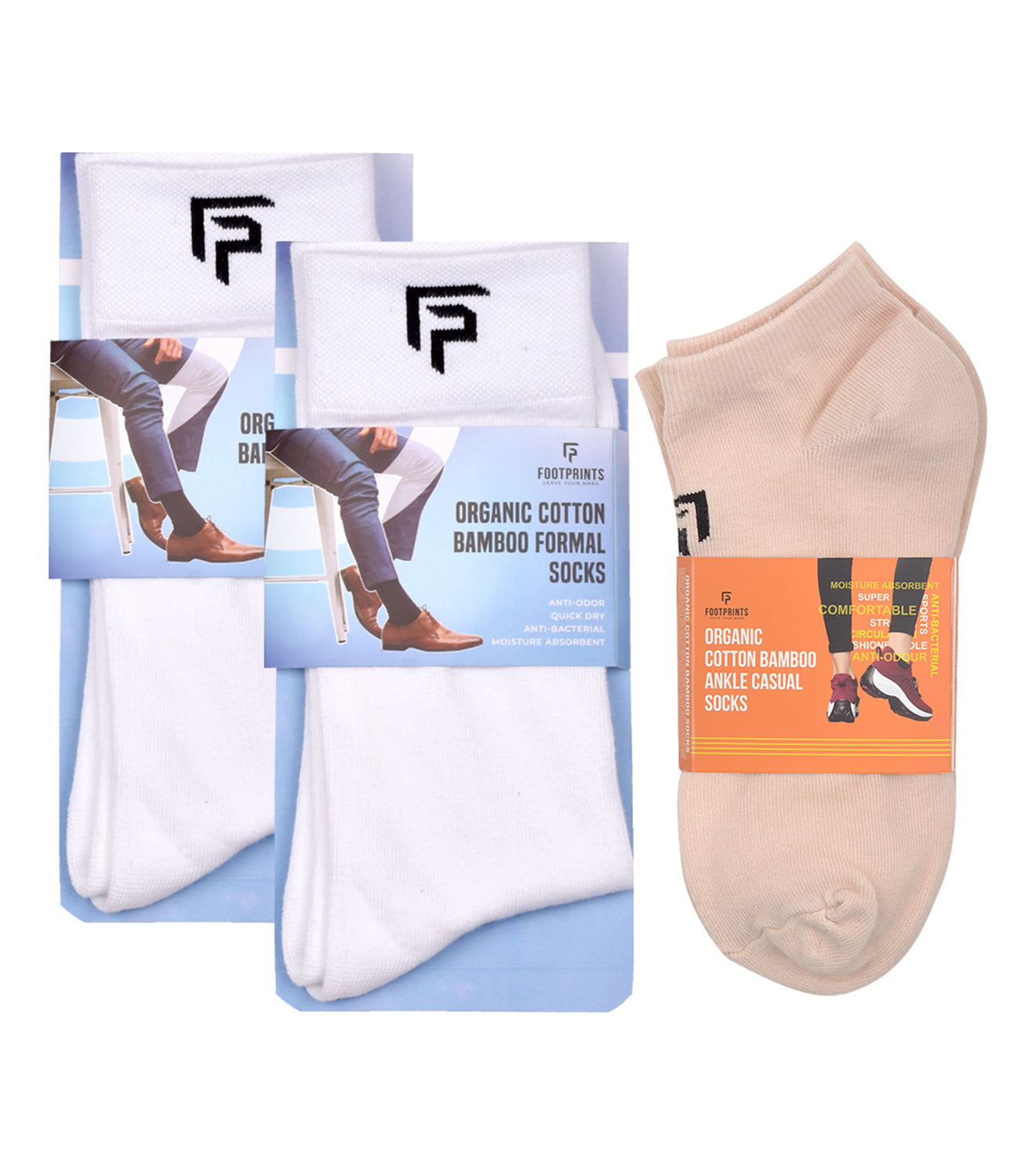 Organic Cotton Formal & Ankle Casual Socks - Pack of 3 ( White & Beiage )- Extra soft and Breathable