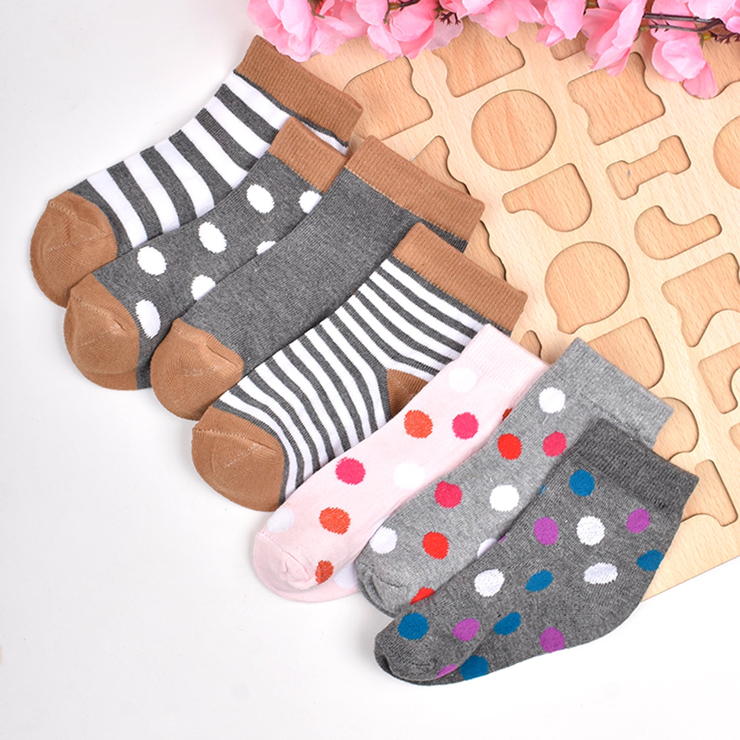 Footprints Super Soft Organic Cotton Kids Socks-P4 Grey & Big Dot|12-24 Months|-Pack of 7