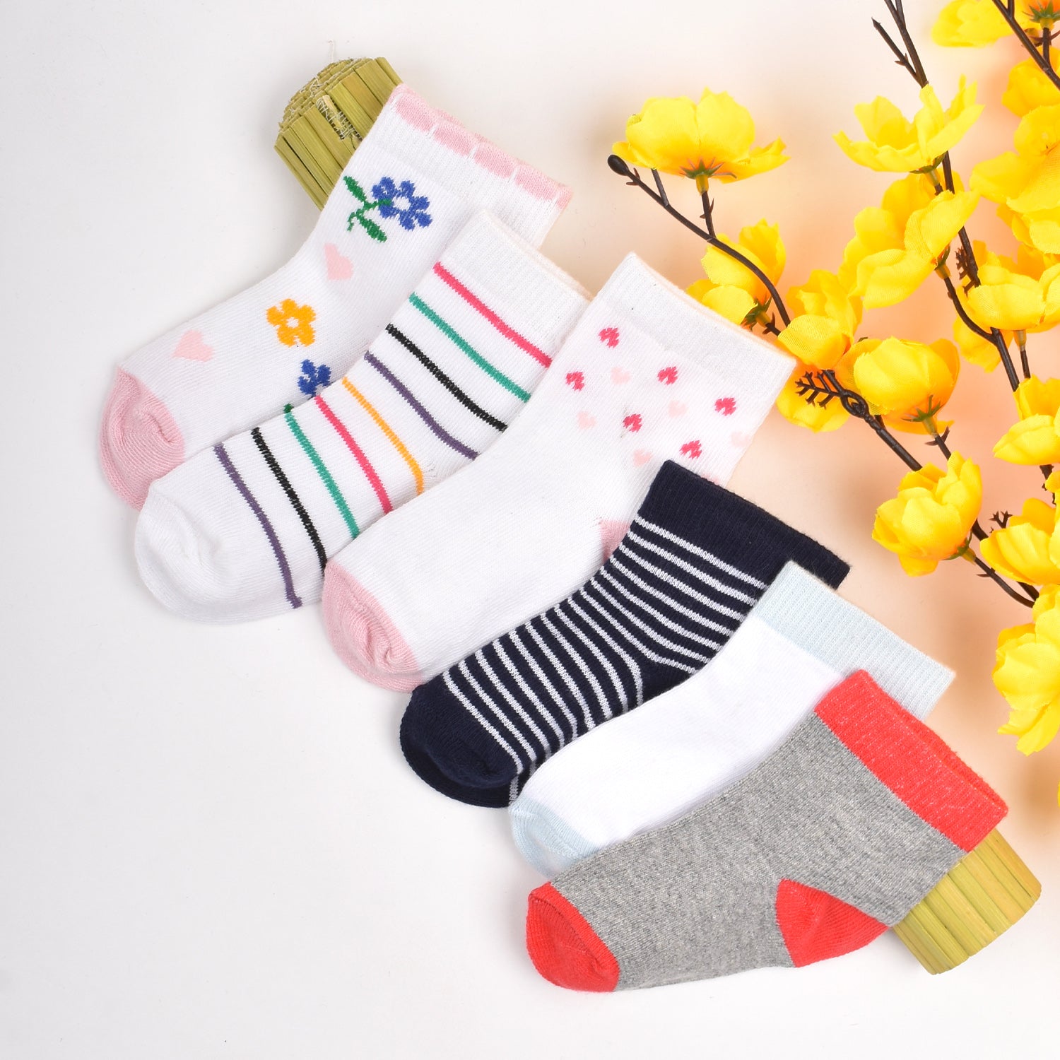 Footprints Super Soft Organic Cotton Kids Socks-Flower & 2 Color Red White|6-12 Months|-Pack of 6