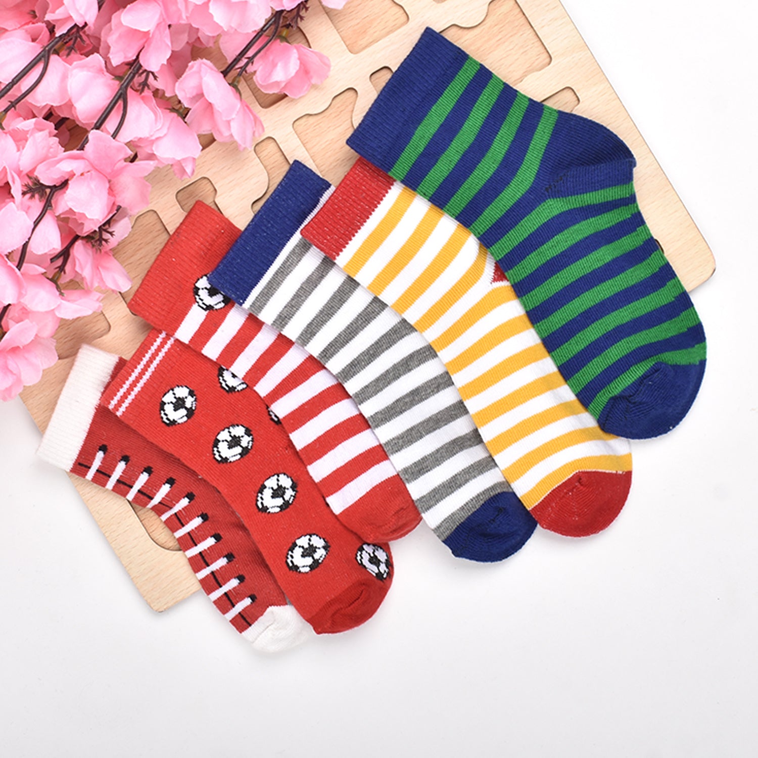 Footprints Super Soft Organic Cotton Kids Socks-Red Baseball & Colorfull Stripes |12-24 Months|-Pack of 6