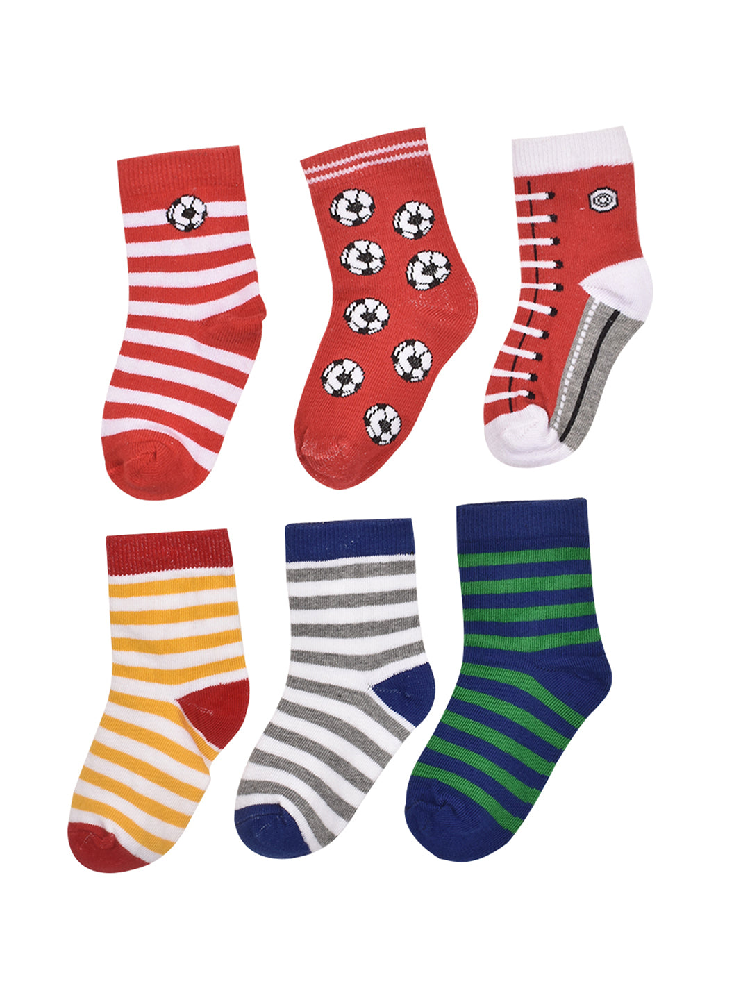 Footprints Super Soft Organic Cotton Kids Socks-Red Baseball & Colorfull Stripes |12-24 Months|-Pack of 6