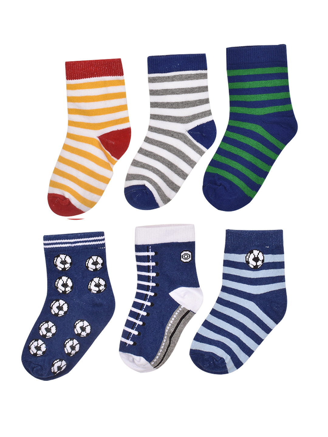 Footprints Super Soft Organic Cotton Kids Socks-Blue Baseball & Stripes |12-24 Months|-Pack of 6