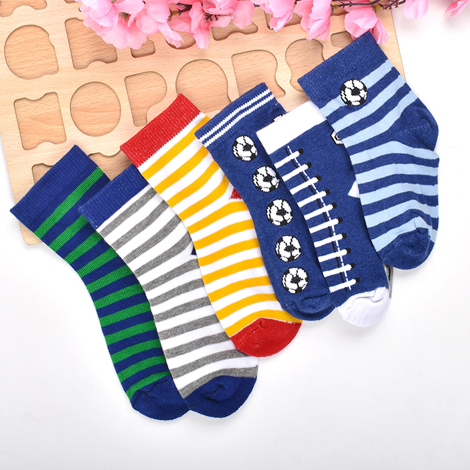 Footprints Super Soft Organic Cotton Kids Socks-Blue Baseball & Stripes |12-24 Months|-Pack of 6
