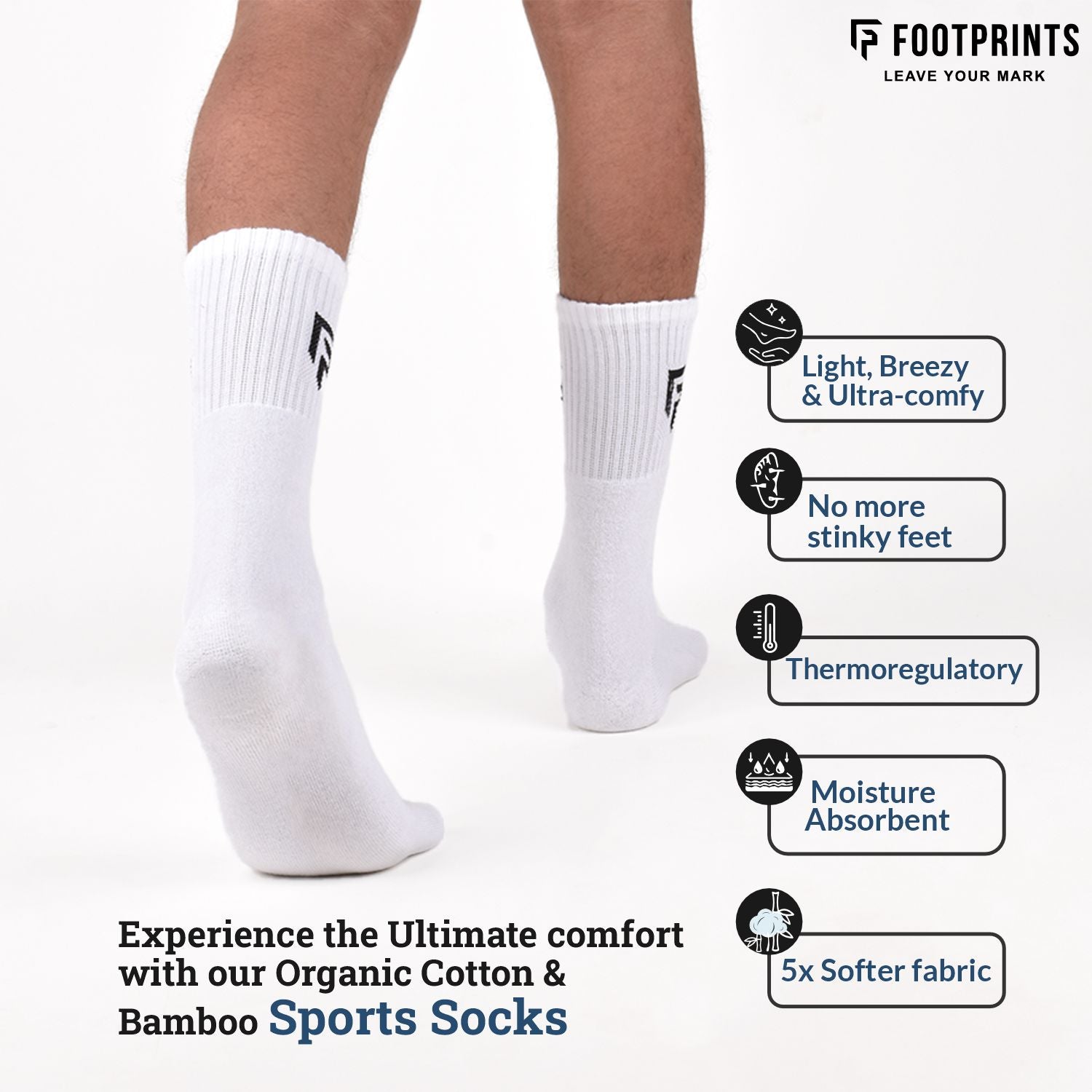 Bamboo Men Sports Socks | Smell Free & Breathable | Cushioned Base & Anti Bacterial | White | Pack of 2