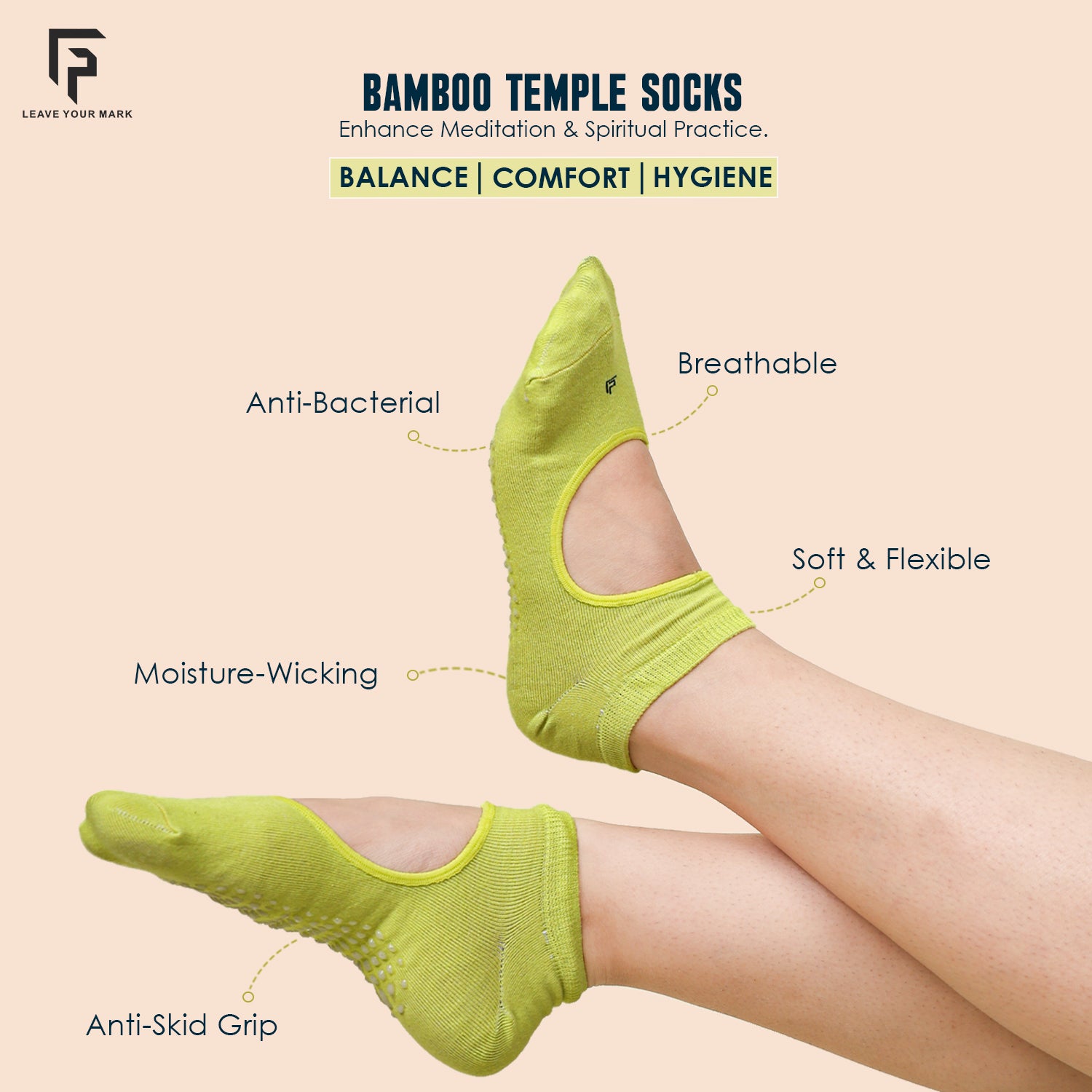 Temple Socks for Men & Women | Anti-Bacterial & Anti-Skid Bamboo Socks | Ideal for Prayer, Spiritual & Meditation | Neon, Grey & Tourqish Blue| Pack of 3