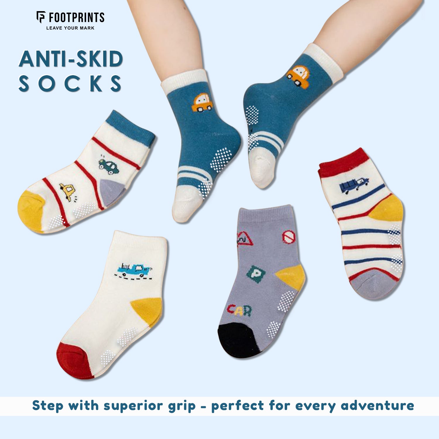 Organic Cotton Anti-Skid Socks for Boys | Non-Slip Grip Socks | Mixed Prints & Designs | Pack of 6