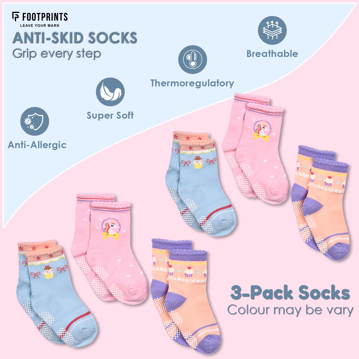Organic Cotton Anti-Skid Socks for Boys | Non-Slip Grip Socks | Mixed Prints & Designs | Pack of 3