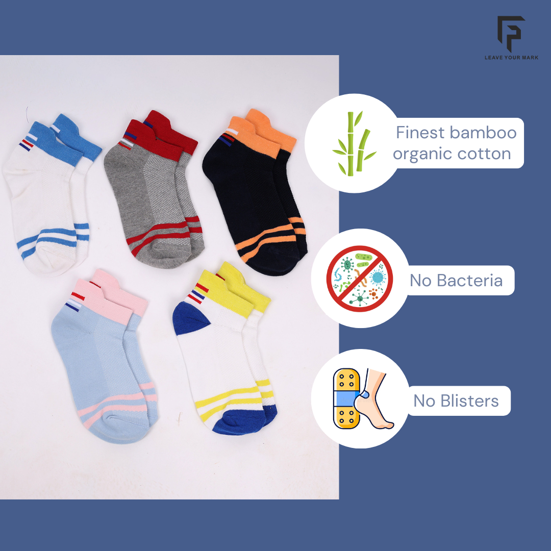 Anti-Odor Bamboo Ankle Socks for Kids | Smell Free & Breathable | Anti-Bacterial | All- Day Comfort | Multicolor | Pack of 5