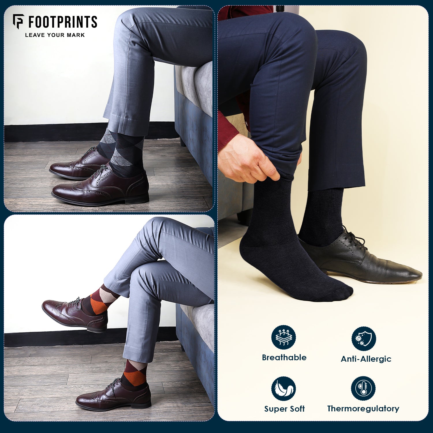 Bamboo Men Formal and Designer Socks | Office Formal Socks | Extra Stretchy Socks | Smell Free & Breathable | Cushioned Base & Anti Bacterial | Pack of 6