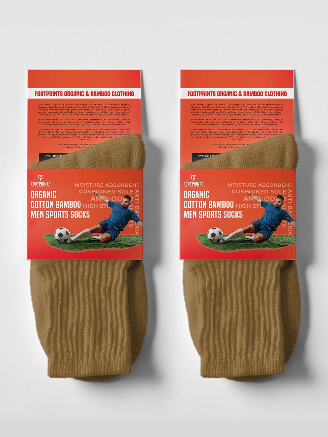 Anti-Odour & Bamboo Organic Cotton Men Sports Socks, Khaki - Pack of 2