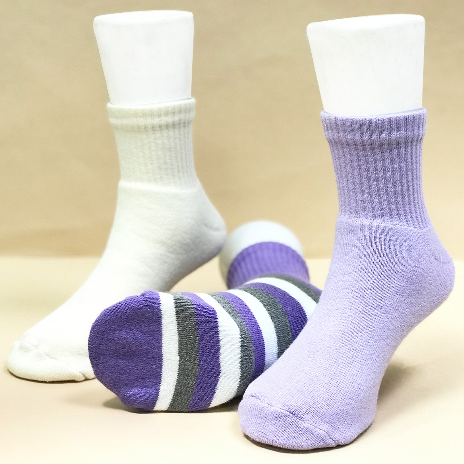 Anti-Odor Bamboo Full Length Terry Socks for Kids | Smell Free & Breathable | Anti-Bacterial| All- Day Comfort | White & Purple | Pack of 3