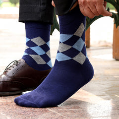 Bamboo Formal Designer Socks For Men | Men's Classic Argyle Socks | Calf Length | Office Formal Socks | Extra Stretchy Socks | Smell Free & Breathable | Cushioned Base & Anti Bacterial | Navy | Pack of 1