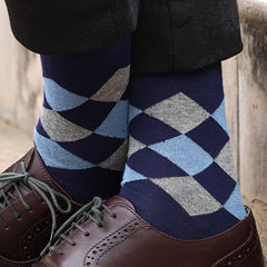 Bamboo Formal Designer Socks For Men | Men's Classic Argyle Socks | Calf Length | Office Formal Socks | Extra Stretchy Socks | Smell Free & Breathable | Cushioned Base & Anti Bacterial | Navy | Pack of 1