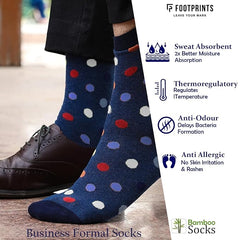 Bamboo Formal Designer Socks For Men | Calf Length | Office Formal Socks | Extra Stretchy Socks | Smell Free & Breathable | Cushioned Base & Anti Bacterial | Blue Dot | Pack of 1