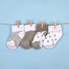 Super Soft Organic Cotton Unisex Kids Terry Socks| Grey | 12-24 Months| Pack Of 4