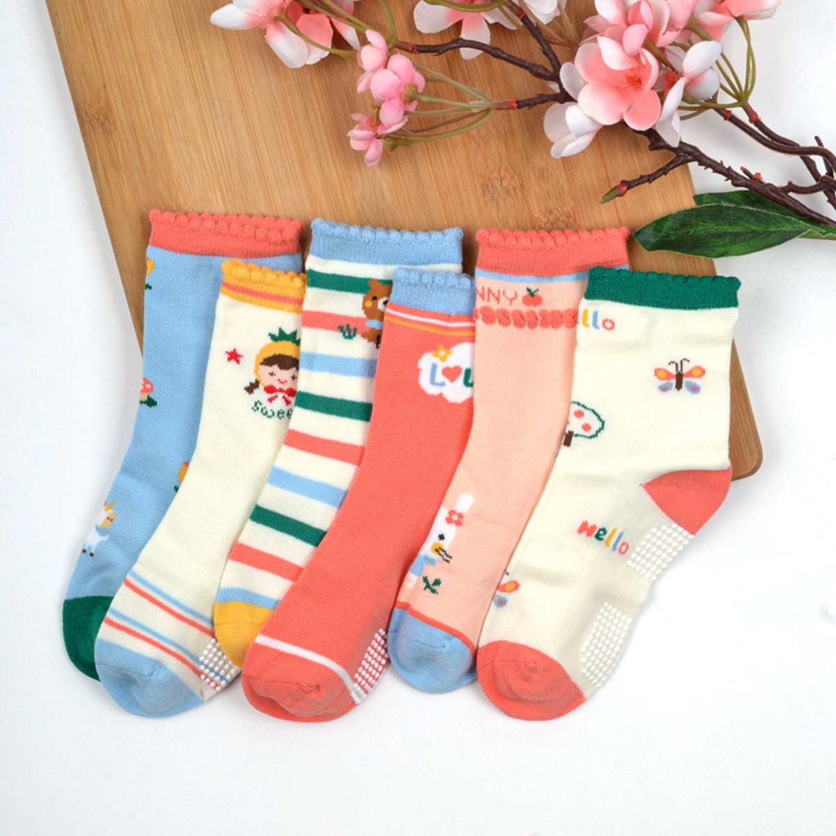 Organic Cotton Anti-Skid Socks for Girls | Non-Slip Grip Socks | Mixed Prints & Designs | Pack of 6