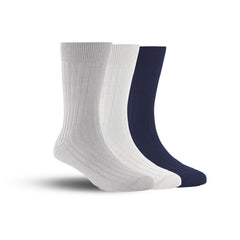 Bamboo Formal Ribbed Socks For Men | Calf Length | Smell Free & Breathable | Cushioned Base & Anti Bacterial | Softer Than Cotton Socks  | Grey, White, Navy Blue | Pack Of 3