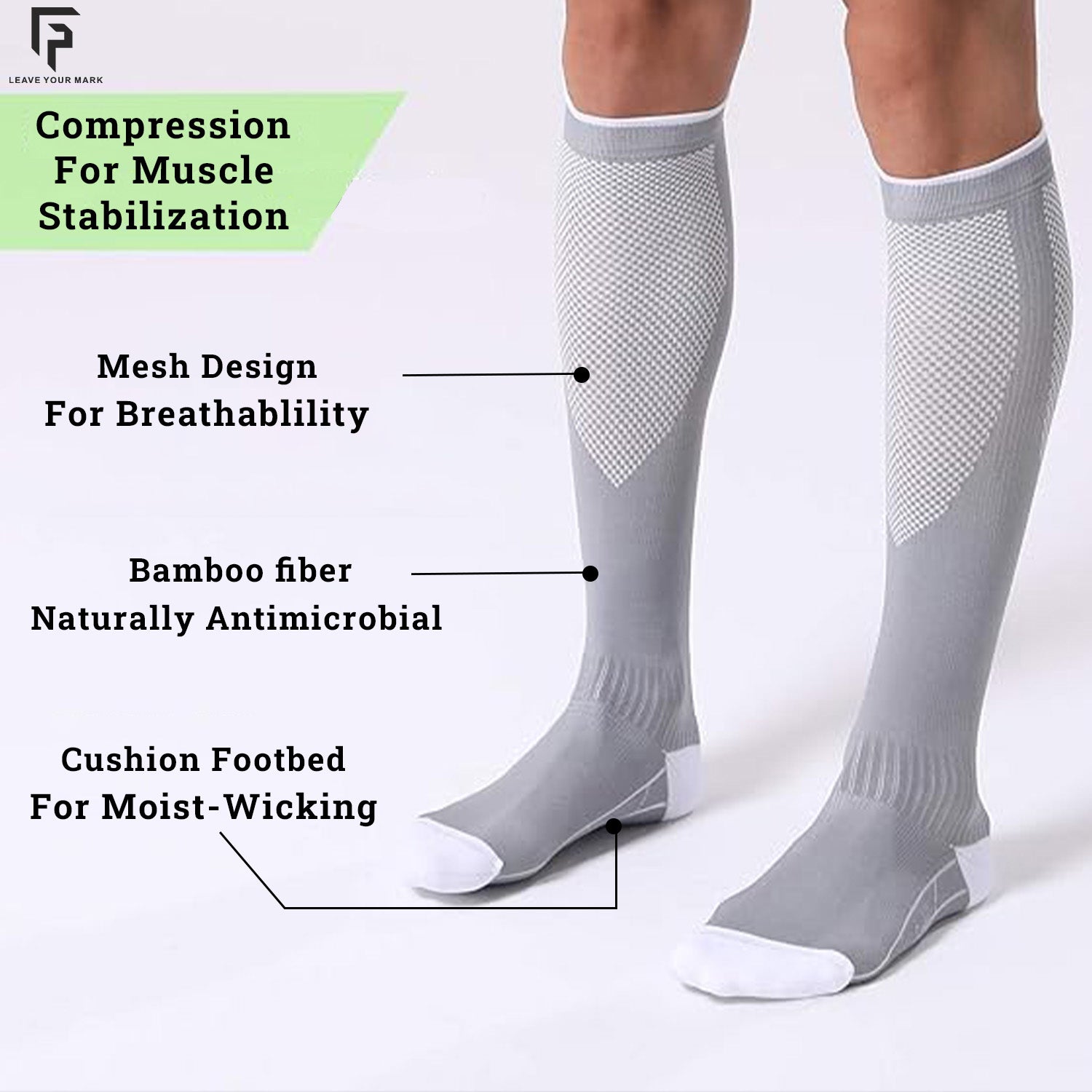 Bamboo Compression Socks For Men & Women | Sports Compression Socks For Running, Cycling, Marathon, Athletics and Indoor Training | Boosts Blood Circulation | Grey | Pack of 1