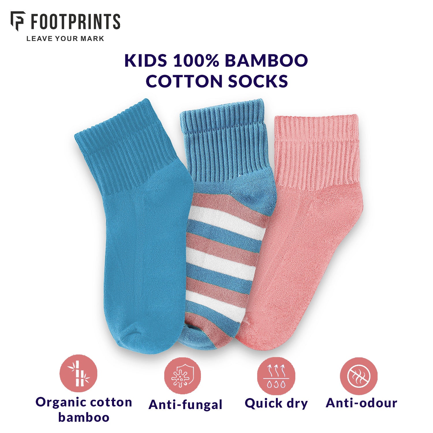 Anti-Odor Bamboo Full Length Terry Socks for Kids | Smell Free & Breathable | Anti-Bacterial| All- Day Comfort | White & Purple | Pack of 3