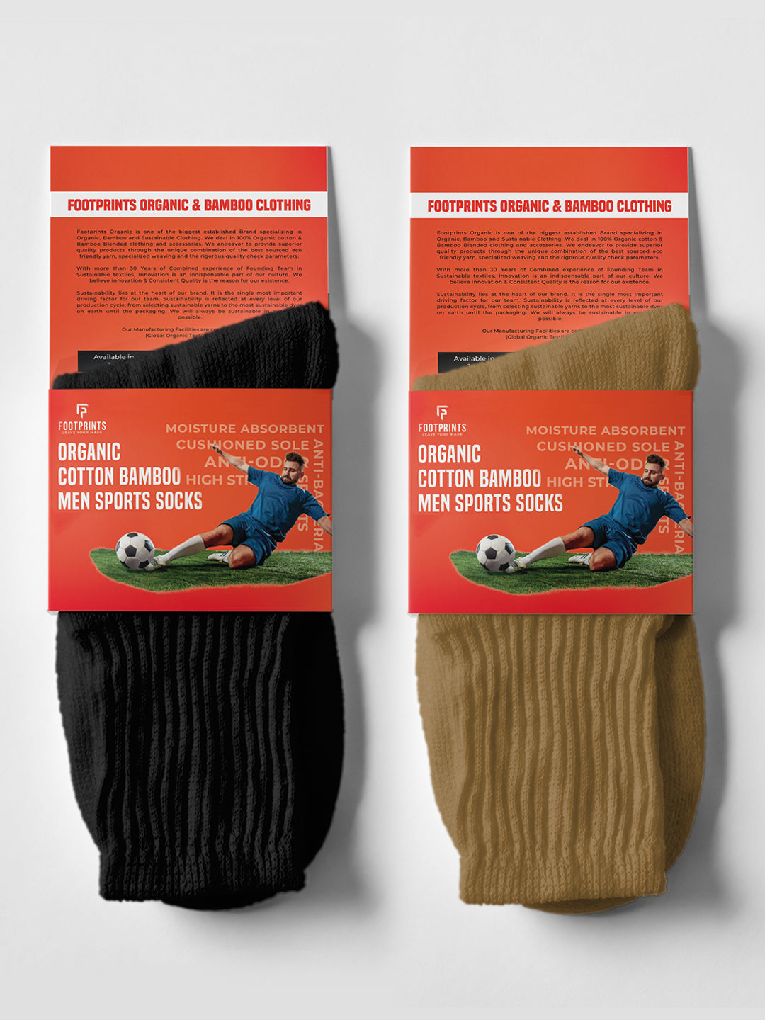 Anti-Odour & Bamboo Organic Cotton Men Sports Socks, Black & Khaki - Pack of 2